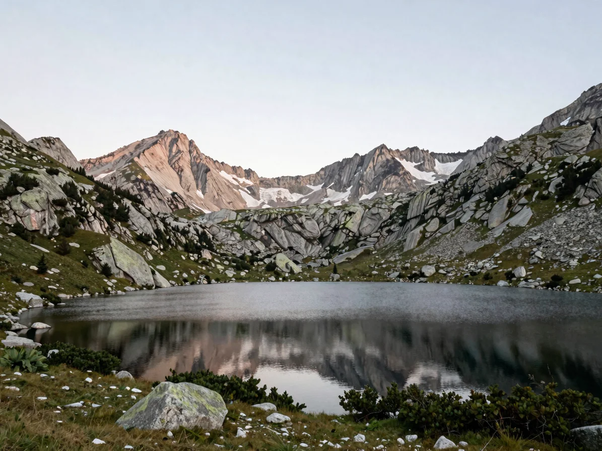 Still glacial lake reflecting granite crests and a pale sky, spar