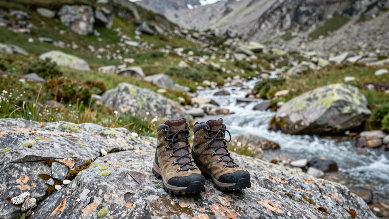 Editorial close-up of hiking boots on wet granite rock beside a mountain stream, natural alpine light, stone-gray and fo