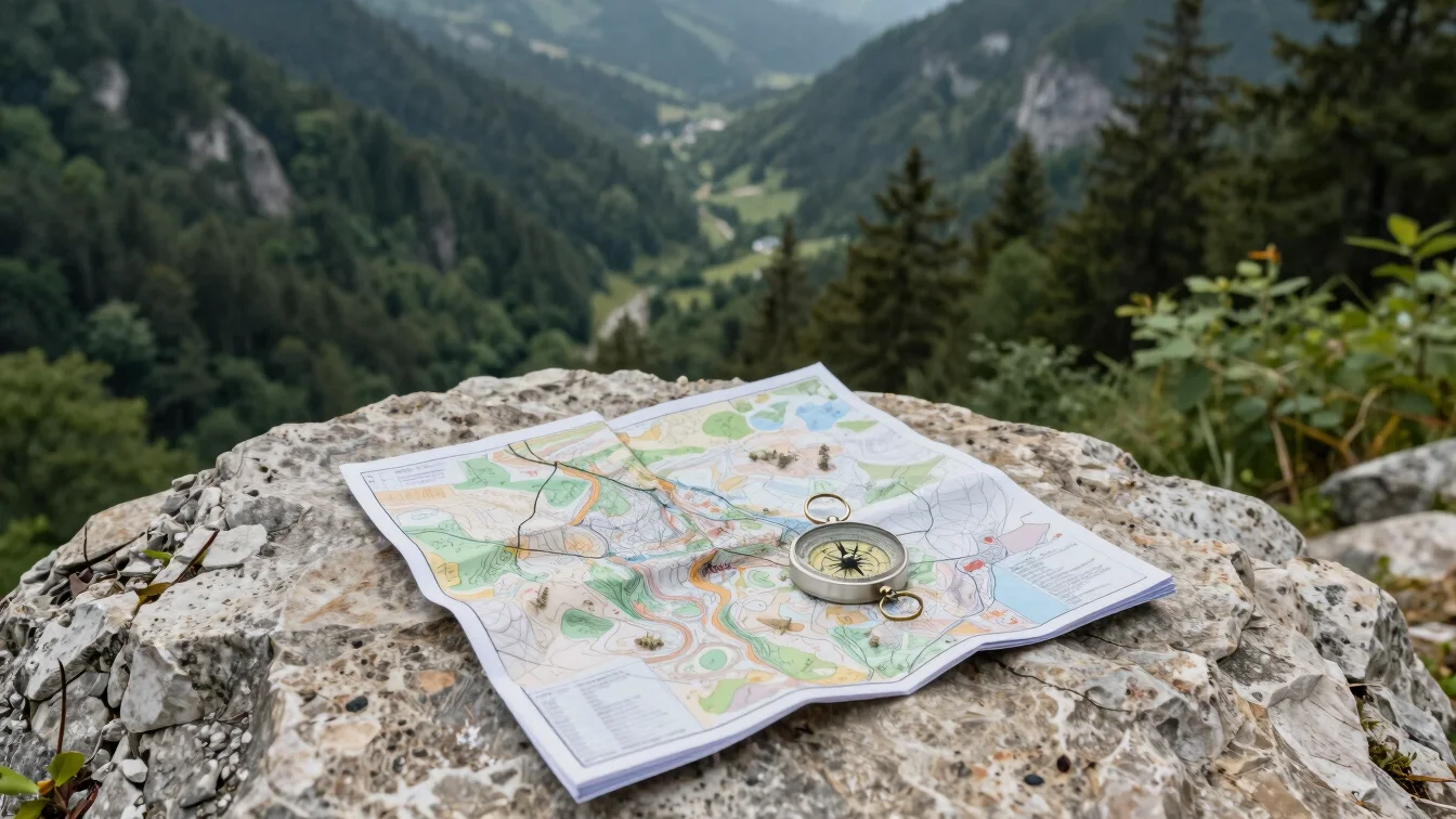 Editorial landscape of a paper topographic map and a compass resting on a flat stone above a forested mountain valley, s