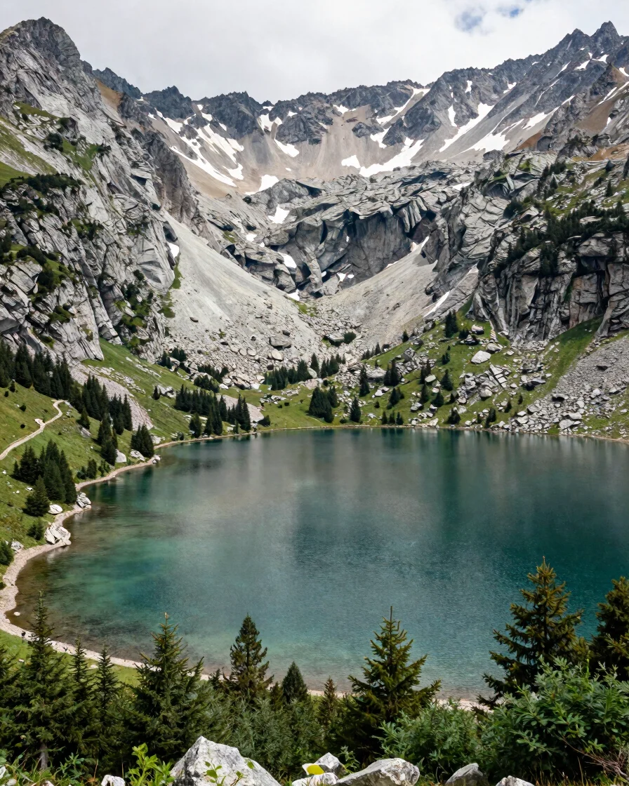 Wide editorial landscape of a clear alpine lake cradled by granite cirque walls and scree slopes, soft alpine daylight,