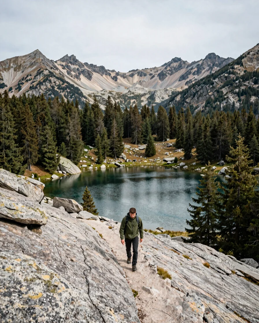 Editorial landscape photograph of a hiker in a forest-green shell jacket on a granite trail above an alpine lake in the