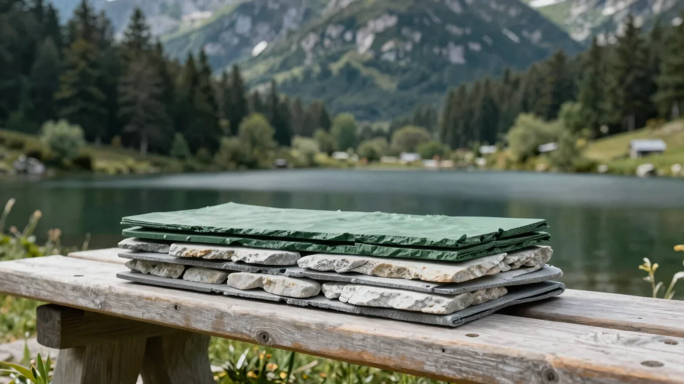Close editorial detail of folded technical layers in forest green and stone gray on a wooden bench beside a mountain lak