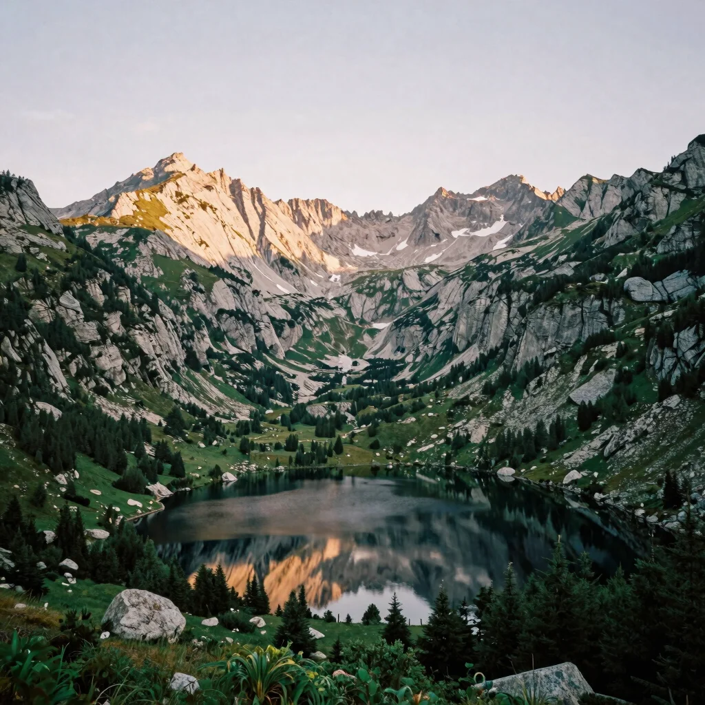Editorial landscape of a still mountain tarn reflecting granite peaks at dawn, soft alpine daylight, forest-green and st