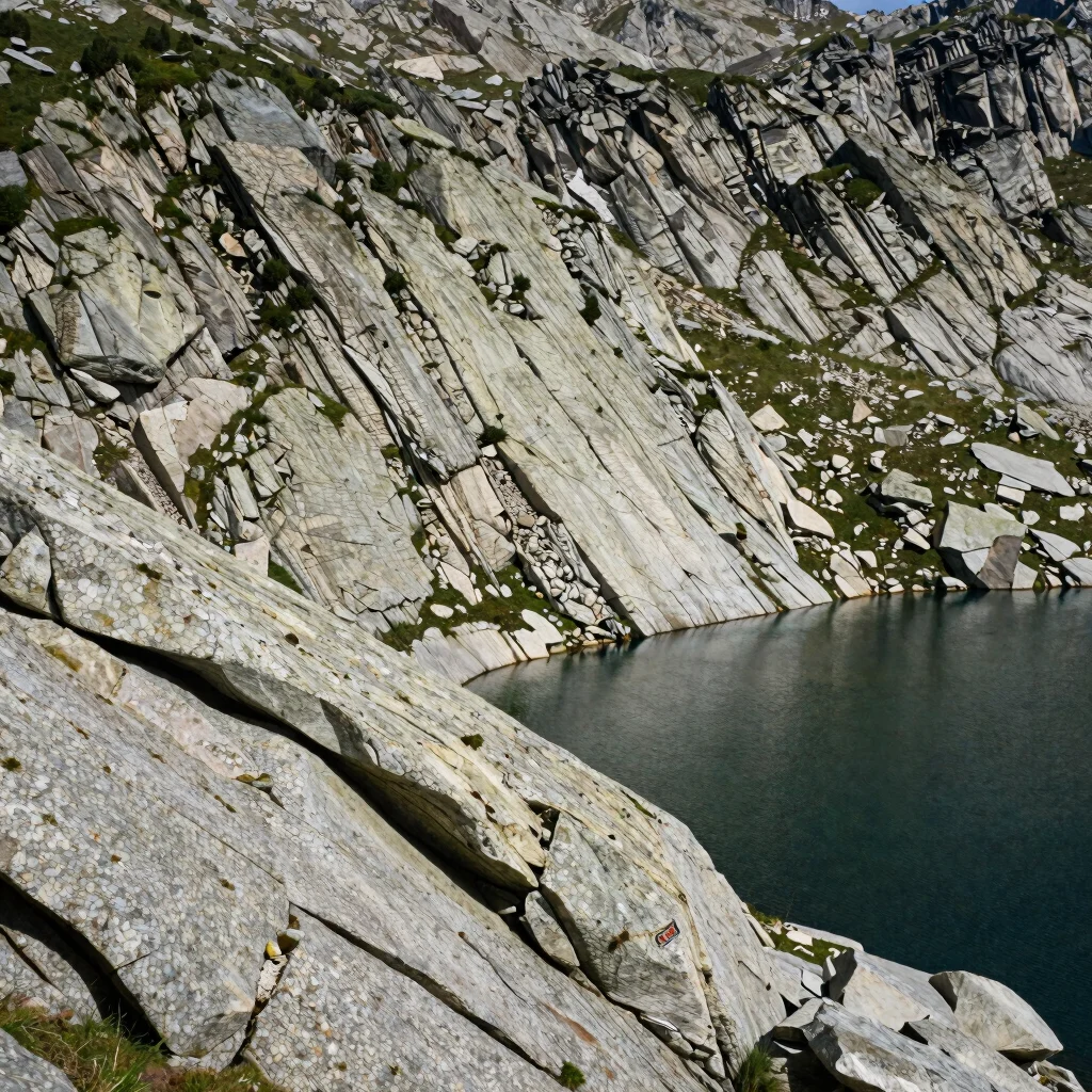 Close view of weathered granite rock and scree slope above a high alpine lake, natural contrast, restrained color, no si