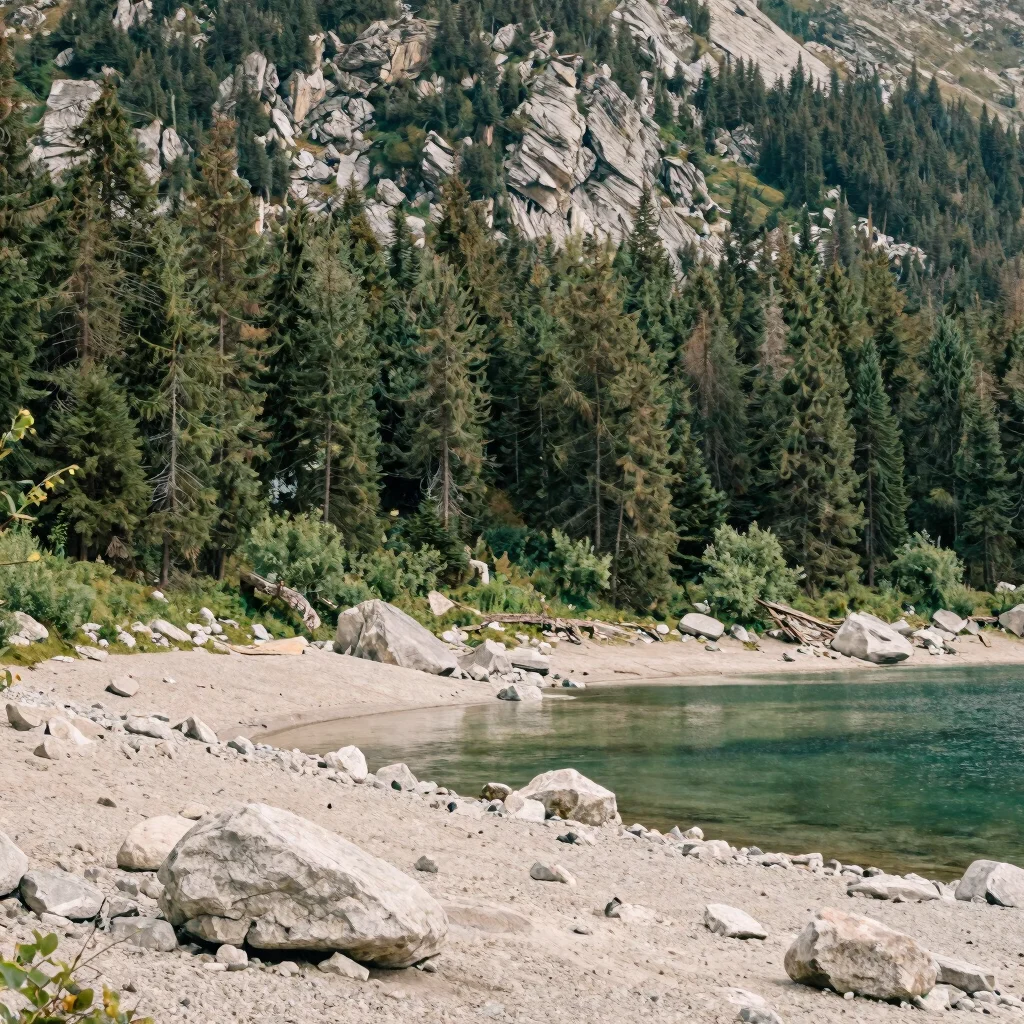 Subalpine conifer forest framing a glacial lake shoreline, soft morning light, beige and forest-green palette, wide-angl