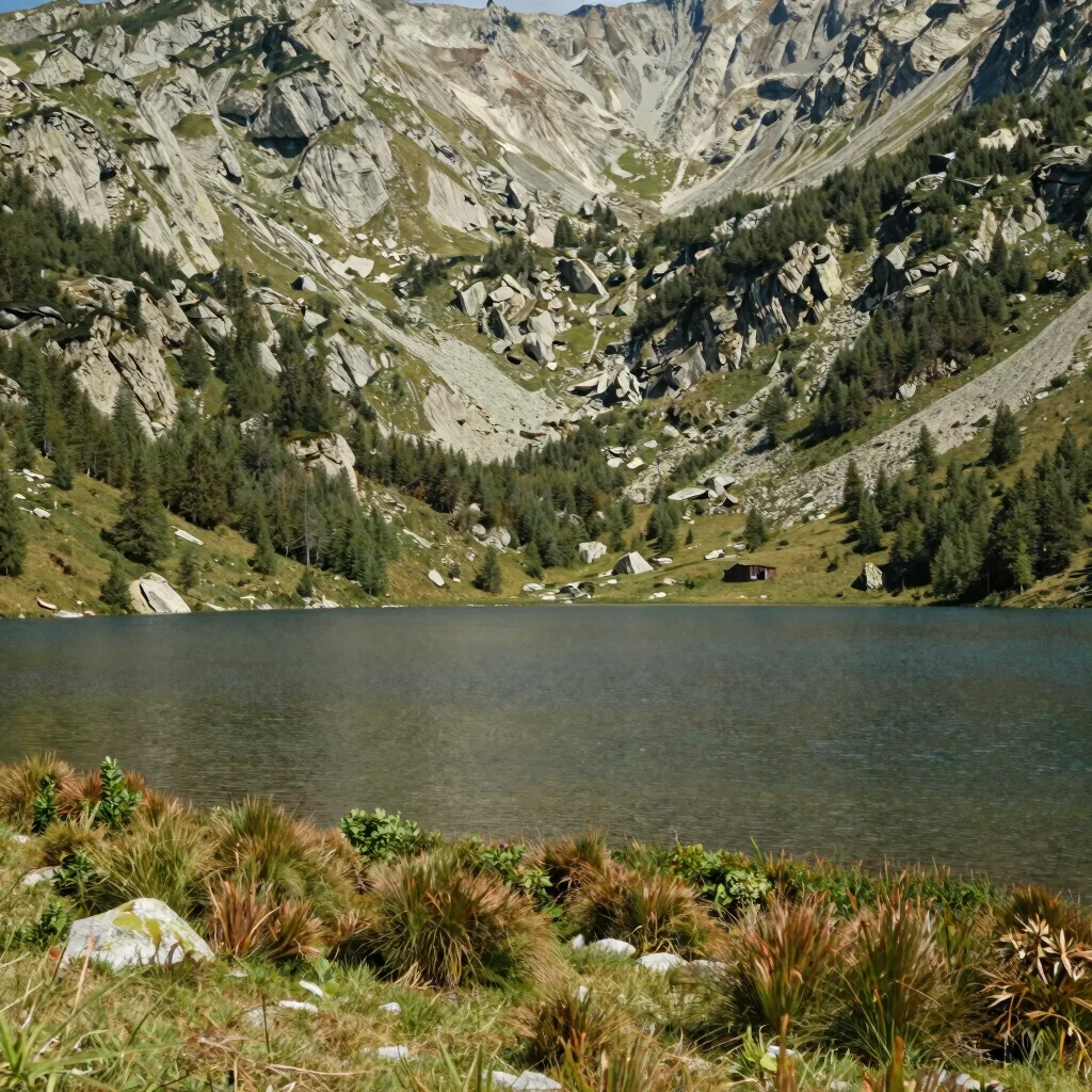 Alpine lake surface with shoreline sedges and low plants in the foreground, mountain ridge behind, natural daylight, no