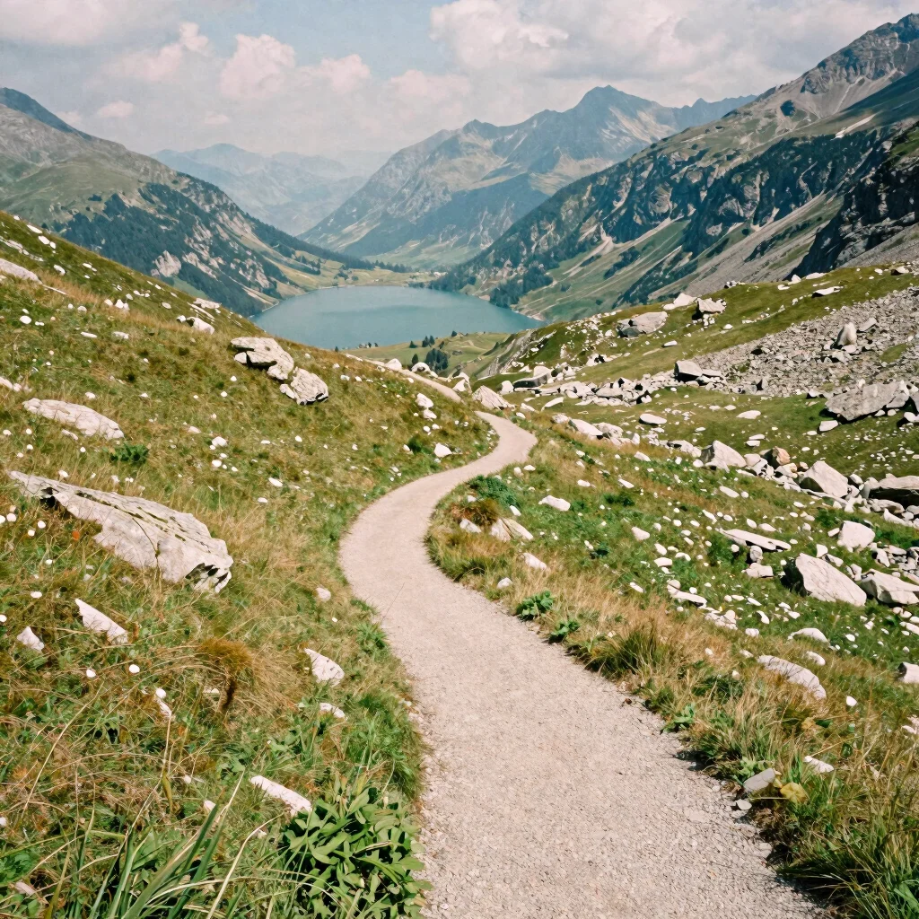 Mountain path winding through meadow and scree toward a distant lake basin, plausible French Alps setting, soft light, n