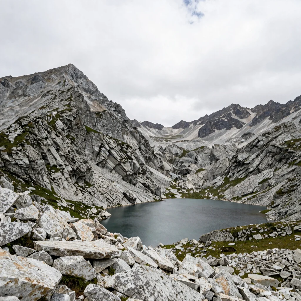 Layered granite crests above a cirque lake under overcast alpine sky, stone-gray palette, editorial landscape, no people